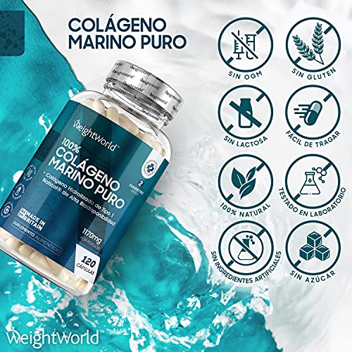 Colágeno Hidrolizado Marino Dosis Alta de 1170 mg 120 Cápsulas | 100% Péptidos Colágeno Marino Puro de Peces Salvajes, Proteínas de Colágeno para la Masa Muscular Para Huesos y Articulaciones