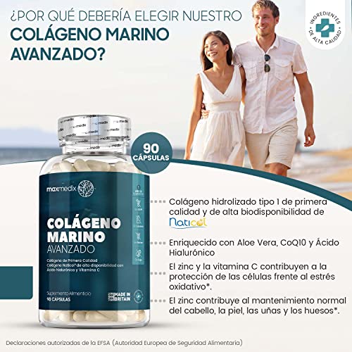 Colágeno Marino, Ácido Hialurónico, Coenzima Q10, Vitamina C y Zinc de Alta Potencia 1200mg, 90 Cápsulas - Péptidos de Colágeno Hidrolizado de Tipo 1 Enriquecido con Aloe Vera 1 Mes de Suministro