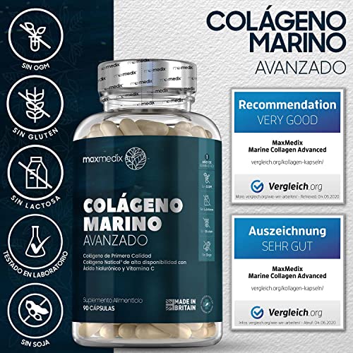 Colágeno Marino, Ácido Hialurónico, Coenzima Q10, Vitamina C y Zinc de Alta Potencia 1200mg, 90 Cápsulas - Péptidos de Colágeno Hidrolizado de Tipo 1 Enriquecido con Aloe Vera 1 Mes de Suministro