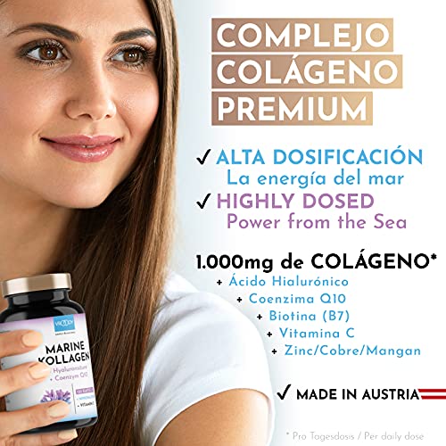 Colageno Marino Hidrolizado 1000mg alta dosis - 120 Cápsulas + Manganeso, Coenzima Q10, Zinc, Cobre, Vitaminas C y Biotina - Libre de aditivos, Fabricado en Austria por VROODY