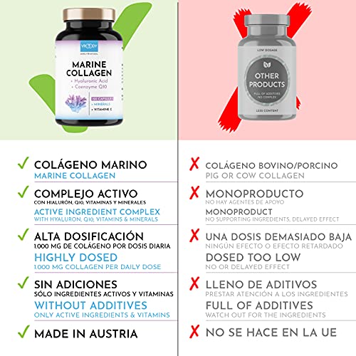 Colageno Marino Hidrolizado 1000mg alta dosis - 120 Cápsulas + Manganeso, Coenzima Q10, Zinc, Cobre, Vitaminas C y Biotina - Libre de aditivos, Fabricado en Austria por VROODY