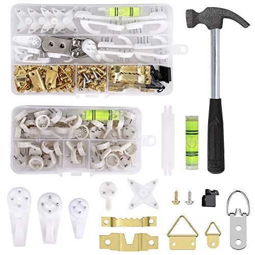 Colgador para Cuadros Kit 107pcs Metal Plásticos Marco de Fotos Ganchos Para Colgar Cuadros Marcos de Fotos Espejo Punto de Cruz, con Tornillos Caja Plastica y Martillo