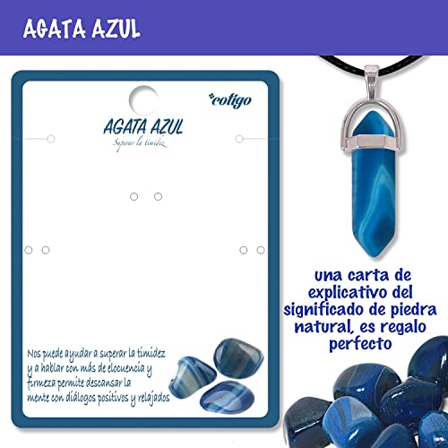 Colgante de Piedra Natural de Forma de Punta - Incluye una Cuerda de Hilo Encerado Negro 45cm - Distintas Piedras Semipreciosas (Ágata Azul)