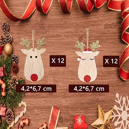 Colgantes con Forma de árbol de Navidad de Madera, Adornos Madera Navidad, 24 Piezas Adornos Navideños de Madera, Colgantes de Madera para Navidad, Adornos de Madera para árboles de Navidad.
