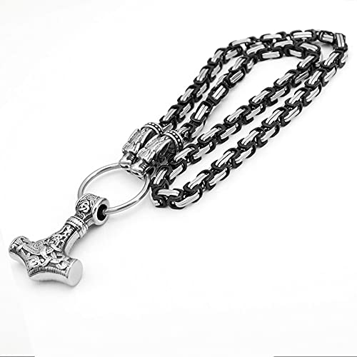 Collar con Colgante Martillo de Thor Vintage Viking Jewelry, Cabezas Lobo Fenrir Talladas en Acero Inoxidable, Collar Pesado Cadena Mjolnir Amulet King, Ciclista, Antiestático,Mixed black,60CM