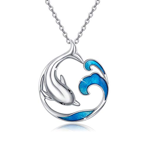 Collar de delfín estilo asiático joyería de la buena suerte, ondas misteriosas orientales del agua collar con colgante para mujer, plata de ley 925 océano regalo Navidad para su esposa mamá