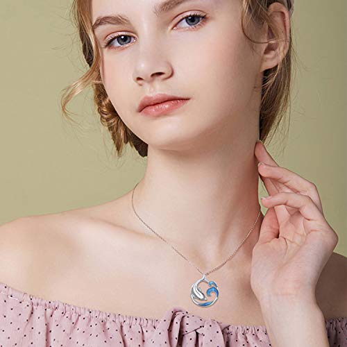 Collar de delfín estilo asiático joyería de la buena suerte, ondas misteriosas orientales del agua collar con colgante para mujer, plata de ley 925 océano regalo Navidad para su esposa mamá