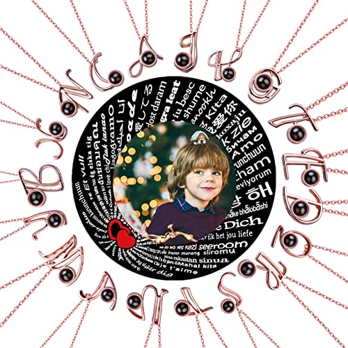 Collar de Foto Personalizado Collar de Proyección Collar de 26 Letras 100 Idiomas I LOVE YOU Collar Navidad para Mujer(Z Rose Dorado a todo color 20)