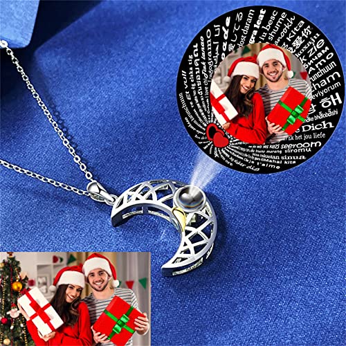 Collar de proyección de luna y sol Collar de foto personalizado Collar 100 idiomas I LOVE YOU Collar Navidad para parejas(Moon Full Color 14)