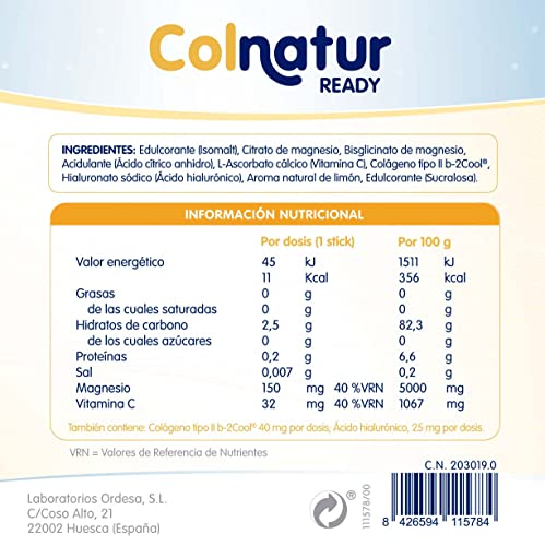 Colnatur Ready Listo para tomar - 30 sticks monodosis de colágeno nativo con magnesio, ácido hialurónico y vitamina C, ayuda a disminuir el cansancio y la fatiga, envase para 30 días, 1 stick al día