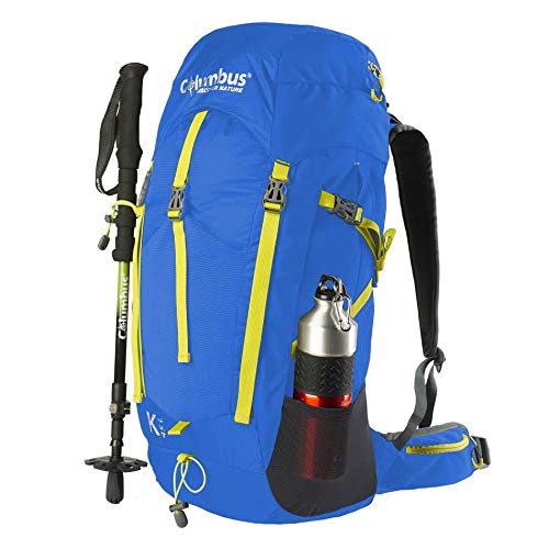 COLUMBUS Mochila K 45 Mochila Ligera y Resistente al Agua Ideal para Senderismo u Otras Actividades al Aire Libre. Incluye Funda para la Lluvia. Capacidad 45 L. Color Azul con Amarillo.