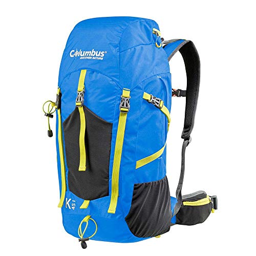 COLUMBUS Mochila K 45 Mochila Ligera y Resistente al Agua Ideal para Senderismo u Otras Actividades al Aire Libre. Incluye Funda para la Lluvia. Capacidad 45 L. Color Azul con Amarillo.