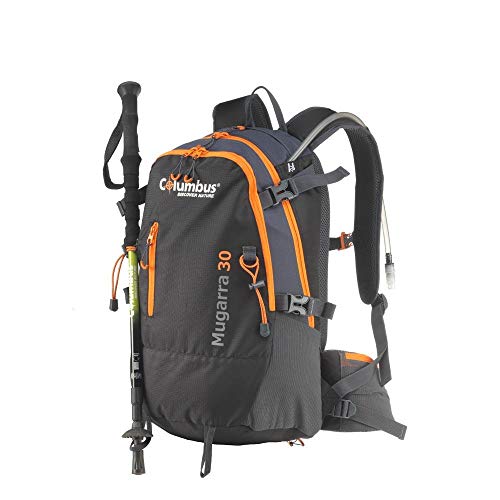 COLUMBUS Mochila Mugarra 30 Mochila de Senderismo Ajustable, con Flujo de Aire en la Espalda. Incluye Funda para la Lluvia. Capacidad 30 L en Color Negro con Detalles en Naranja