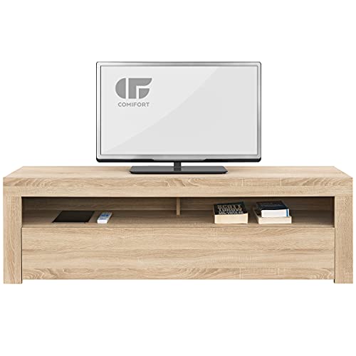 COMIFORT Mueble de TV - Mesa de Salón de Estilo Moderno con Puerta Abatible con Estantes de Gran Almacenaje, Muy Resistente, Fabricada en Europa, Color Roble