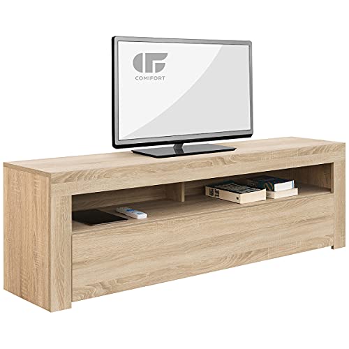 COMIFORT Mueble de TV - Mesa de Salón de Estilo Moderno con Puerta Abatible con Estantes de Gran Almacenaje, Muy Resistente, Fabricada en Europa, Color Roble