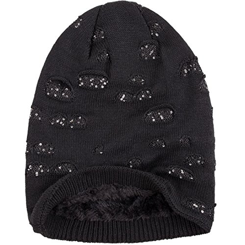 Compagno Beanie Gorro de invierno con suave interior punto agujero elegante con lentejuelas, Color:Negro