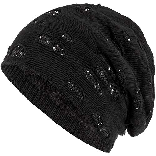 Compagno Beanie Gorro de invierno con suave interior punto agujero elegante con lentejuelas, Color:Negro