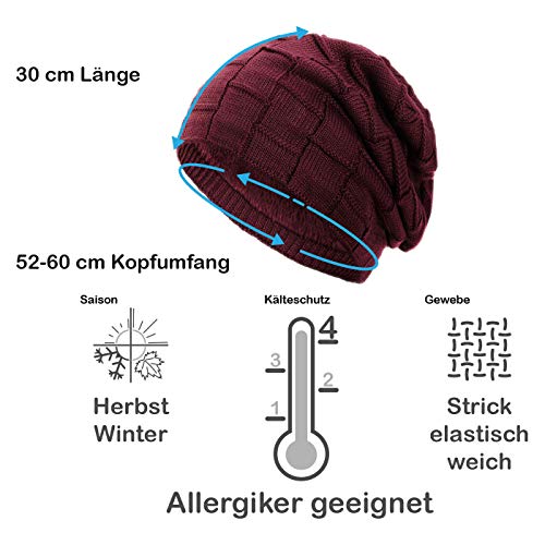 Compagno Gorro de invierno tipo slouch beanie de punto cesta con suave interior de forro polar, Color:Vino rojo