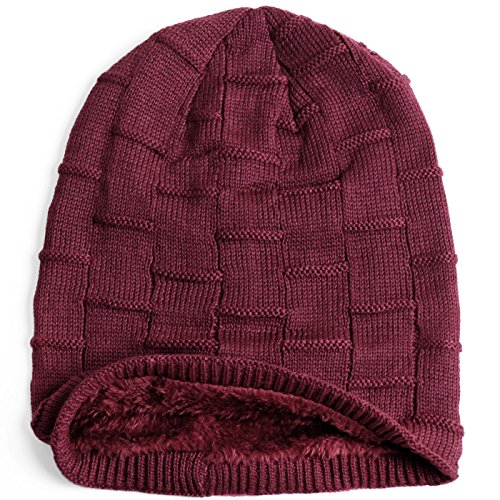 Compagno Gorro de invierno tipo slouch beanie de punto cesta con suave interior de forro polar, Color:Vino rojo