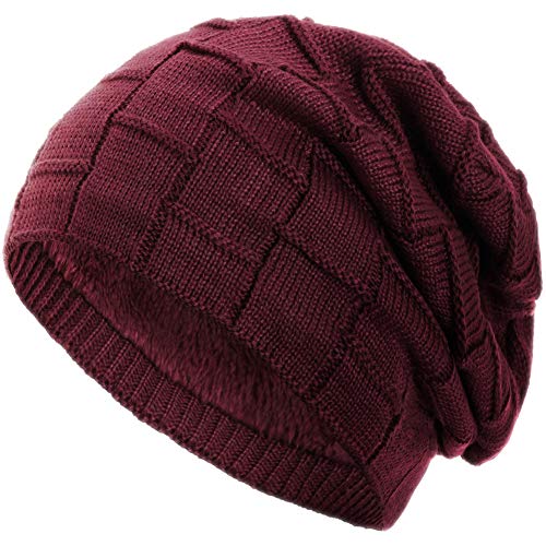 Compagno Gorro de invierno tipo slouch beanie de punto cesta con suave interior de forro polar, Color:Vino rojo