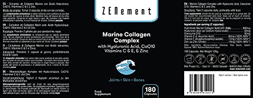 Complejo de Colágeno Marino, con Ácido Hialurónico, CoQ10, Vitaminas C & E y Zinc, 180 Cápsulas | Péptidos para Articulaciones, Piel y Huesos | de Zenement