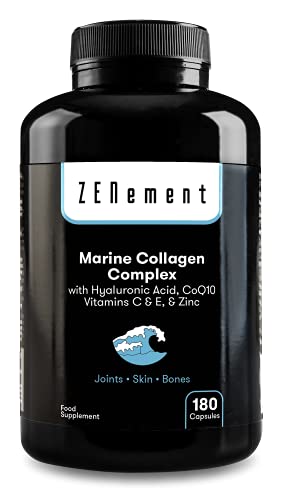 Complejo de Colágeno Marino, con Ácido Hialurónico, CoQ10, Vitaminas C & E y Zinc, 180 Cápsulas | Péptidos para Articulaciones, Piel y Huesos | de Zenement