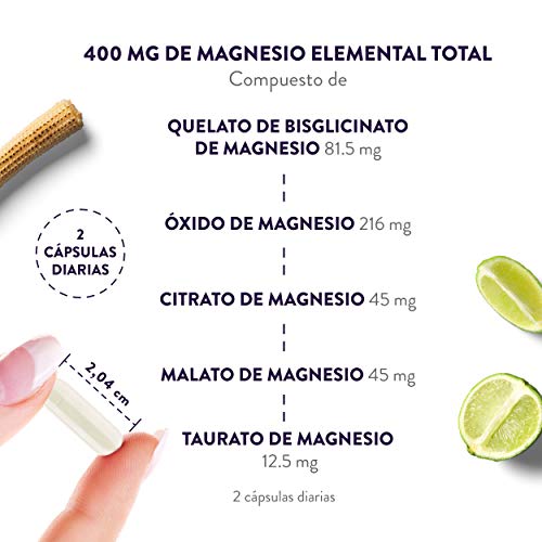 Complejo de Magnesio Capsulas Premium - Citrato de Magnesio, Óxido de Magnesio, Bisglicinato de Magnesio, Taurato de Magnesio y Malato de Magnesio Puro - 180 Cápsulas - 400mg por Dosis Diaria