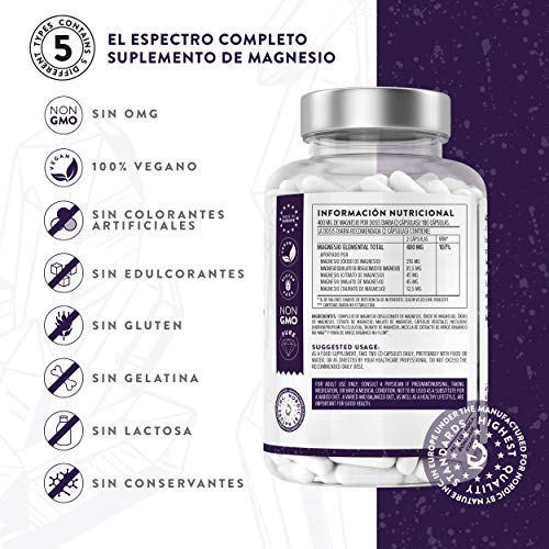 Complejo de Magnesio Capsulas Premium - Citrato de Magnesio, Óxido de Magnesio, Bisglicinato de Magnesio, Taurato de Magnesio y Malato de Magnesio Puro - 180 Cápsulas - 400mg por Dosis Diaria