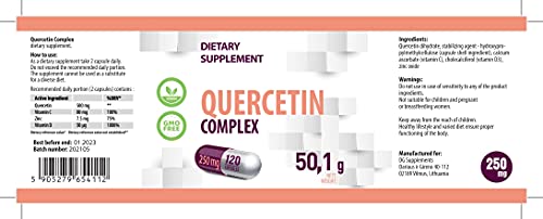Complejo de Quercetina 500mg Porción de 120 cápsulas veganas para 2 meses, de alta potencia, sin OGM, ni sustancias de relleno