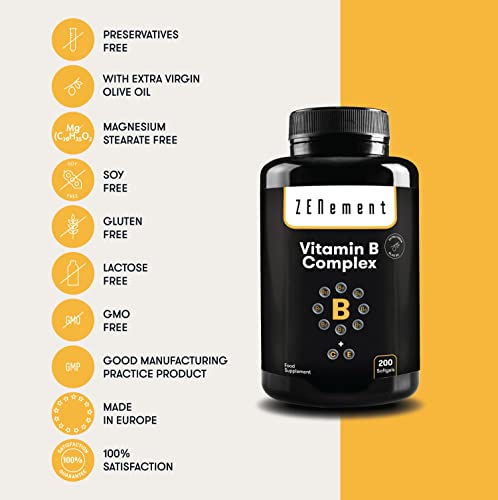 Complejo de Vitaminas B (B1, B2, B3, B5, B6, B12, Biotina y Ácido Fólico) + Vitaminas C y E, 200 Perlas | Energía, Estado de Ánimo, Salud General | con Aceite de Oliva Virgen Extra | No-GMO