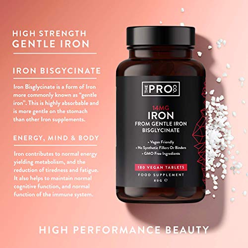 Comprimidos de hierro 14 mg - 180 comprimidos veganos de alta resistencia (suministro de 6 meses de suplementos de hierro para hombres y mujeres) Contribuye a la reducción del cansancio - The Pro Co.