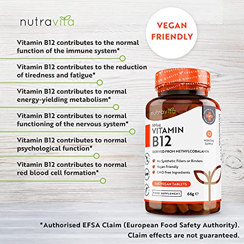 Comprimidos de vitamina B12 500 mcg - 365 comrpimidos veganos (suministro para 1 año) - Suplemento de metilcobalamina B12 - Sistema inmunológico, función cerebral y apoyo energético - Por Nutravita