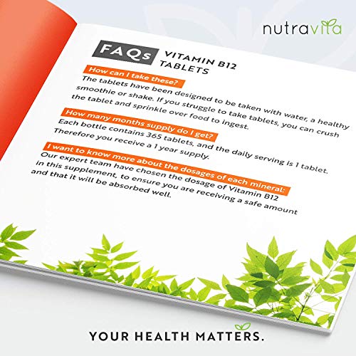 Comprimidos de vitamina B12 500 mcg - 365 comrpimidos veganos (suministro para 1 año) - Suplemento de metilcobalamina B12 - Sistema inmunológico, función cerebral y apoyo energético - Por Nutravita