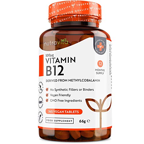 Comprimidos de vitamina B12 500 mcg - 365 comrpimidos veganos (suministro para 1 año) - Suplemento de metilcobalamina B12 - Sistema inmunológico, función cerebral y apoyo energético - Por Nutravita