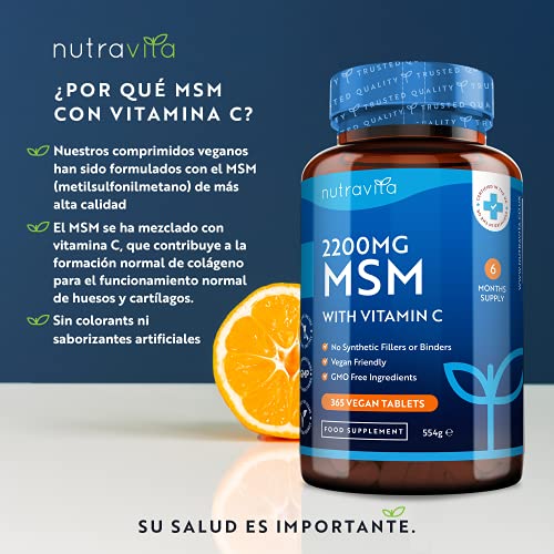 Comprimidos MSM 2200 mg - 365 comprimidos veganos - Metilsulfonilmetano con 80 mg de vitamina C - Suministro para 6 meses - Fabricado en el Reino Unido por Nutravita