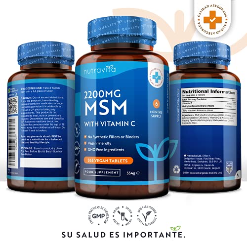 Comprimidos MSM 2200 mg - 365 comprimidos veganos - Metilsulfonilmetano con 80 mg de vitamina C - Suministro para 6 meses - Fabricado en el Reino Unido por Nutravita
