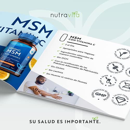 Comprimidos MSM 2200 mg - 365 comprimidos veganos - Metilsulfonilmetano con 80 mg de vitamina C - Suministro para 6 meses - Fabricado en el Reino Unido por Nutravita