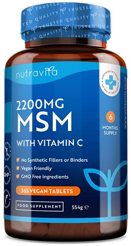 Comprimidos MSM 2200 mg - 365 comprimidos veganos - Metilsulfonilmetano con 80 mg de vitamina C - Suministro para 6 meses - Fabricado en el Reino Unido por Nutravita