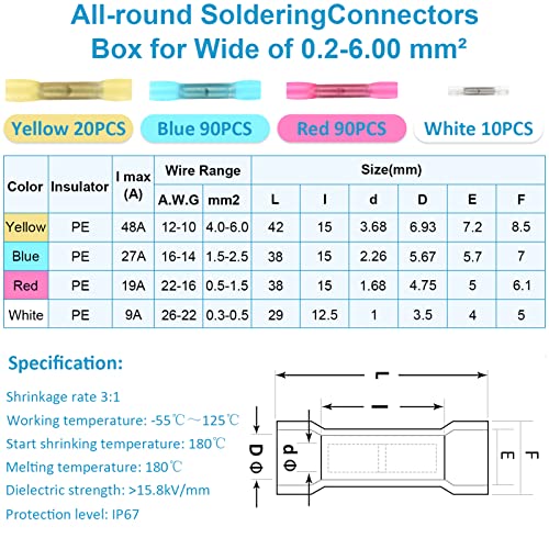 Conector Termoretractil Soldadura Termocontraible 210Pcs, Empalmes de Cables Electricos Estancos de 4 Tamaños, Conectores Electricos Termoretractil con Estaño Amarillo Azul Rojo Blanco