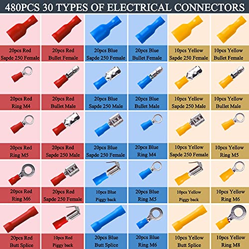 Conectores Eléctricos, 480 piezas Terminales Faston Aislados Eléctricamente, Se Incluyen Anillo, Bala, Pala, Terminal de Empalme y PiggyBack