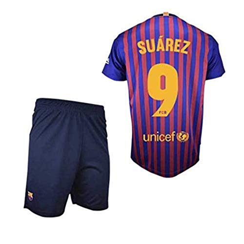 Conjunto Camiseta y Pantalon 1ª Equipación 2018-2019 FC. Barcelona - Réplica Oficial Licenciado - Dorsal 9 Suarez - NiñoTalla 6 años - Medidas Pecho 34.5 - Largo Total 49 - Largo Manga 15 cm.