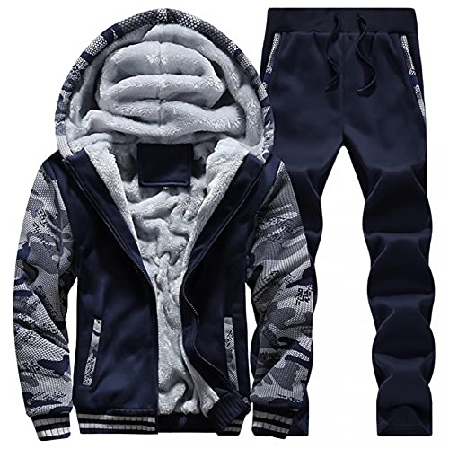 Conjunto Chándal para Hombre Completo Sudadera con Capucha y Pantalón con Forro Polar Color Sólido Otoño Invierno Suéter con Cremallera Cordón y Bolsillo para Ocio Jogging Correr Entrenamiento