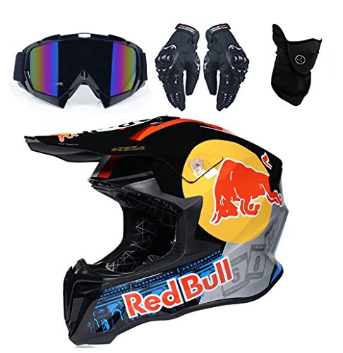 Conjunto de Casco de Motocross para Niños con Gafas Guantes Máscara, Casco de Moto MX Adultos Casco de MTB de Integrale Casco de Moto Todoterreno para Hombre Red Bull