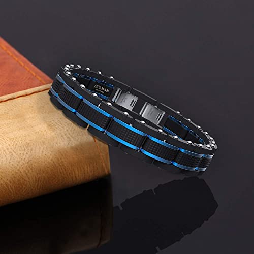 COOLMAN Joyas para Hombre Pulseras Acero Inoxidable Azul & Negro Ajustable 19-20,5cm (con Cierre de Caja de Regalo)