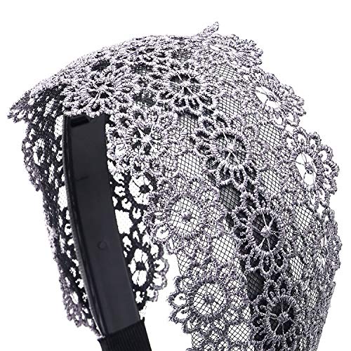 COOLSTEELANDBEYOND Hipster élégante Moda Ancha Costado Gris Plateado Floral Encaje Cabello Aro Diadema Bandas Bandana Cabeza