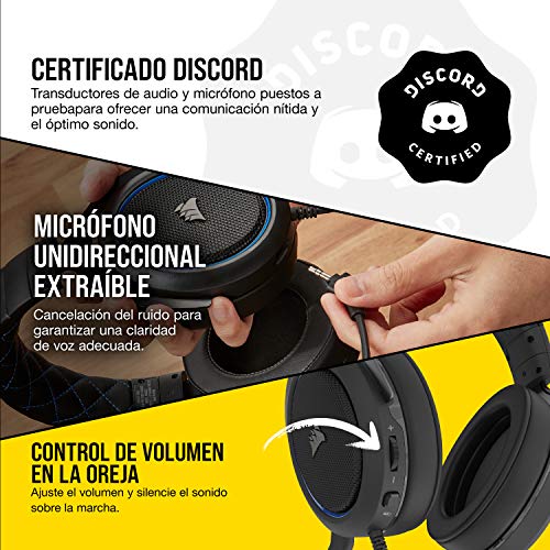 Corsair HS50 Pro Stereo Auriculares para Juegos (Ajustables Espuma viscoelástica Almohadillas, Ancelación del Ruido extraíble micrófono, Compatible con PC, PS4, Xbox One, Switch y móviles), Azul