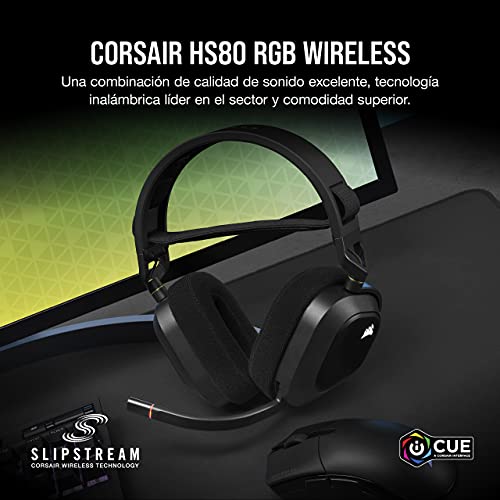 Corsair HS80 RGB WIRELESS Auriculares Inalámbricos Premium para Juegos con Dolby Atmos Audio (Baja Latencia, Micrófono Omnidireccional, Hasta 20 Horas Autonomía, Compatible con PS5/PS4) Carbón