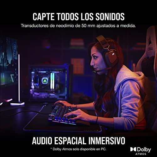 Corsair HS80 RGB WIRELESS Auriculares Inalámbricos Premium para Juegos con Dolby Atmos Audio (Baja Latencia, Micrófono Omnidireccional, Hasta 20 Horas Autonomía, Compatible con PS5/PS4) Carbón