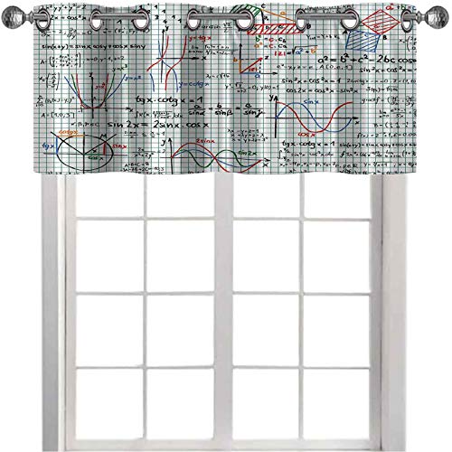 Cortina de cocina con cenefa de estudios de álgebra, cuaderno de lecciones, bocetos de página, impresión de fórmula, 127 x 45 cm, cortinas cortas para cocina, comedor, multicolor