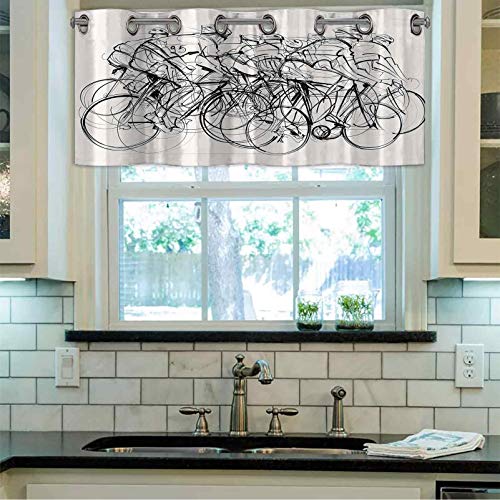 Cortinas con cenefa para ventana, diseño dibujado a mano, imagen de ciclistas, grupo de ciclistas en carrera, obras de arte de 106,7 x 45,7 cm, cortinas de cenefa para cocina, color blanco y negro